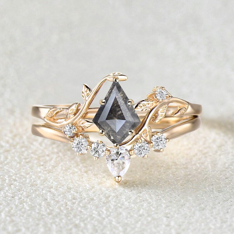 Kite Cut Leaf Vine Engagement Ring Set
